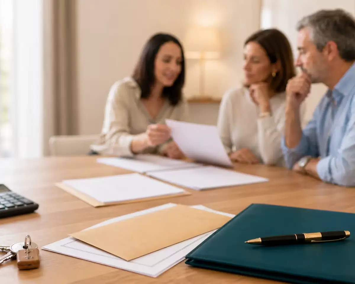 Asesora fiscal de Martín Assessors revisando documentación de herencia con una familia en L'Alcúdia, Comunidad Valenciana